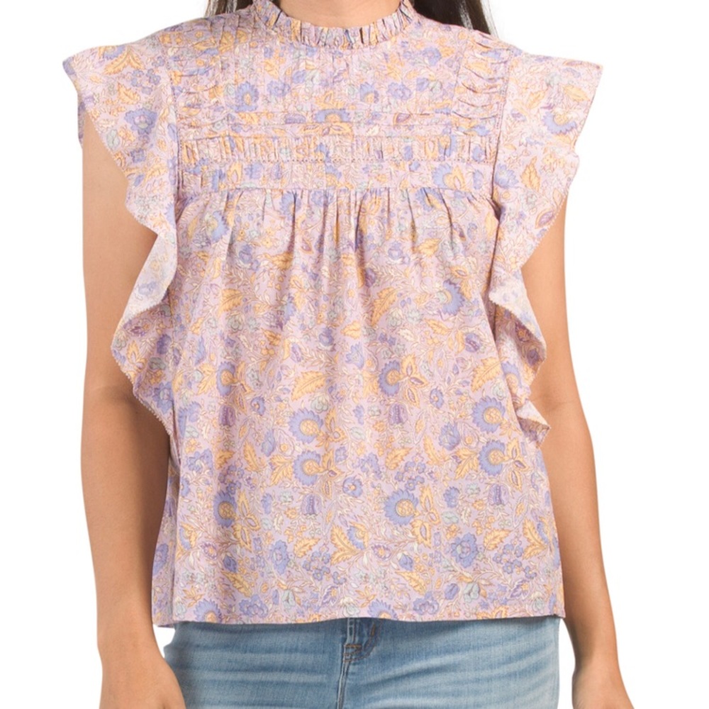 Anthropologie Love the Label Josepha Printed Smocked Top Lavender Flutter Sleeve